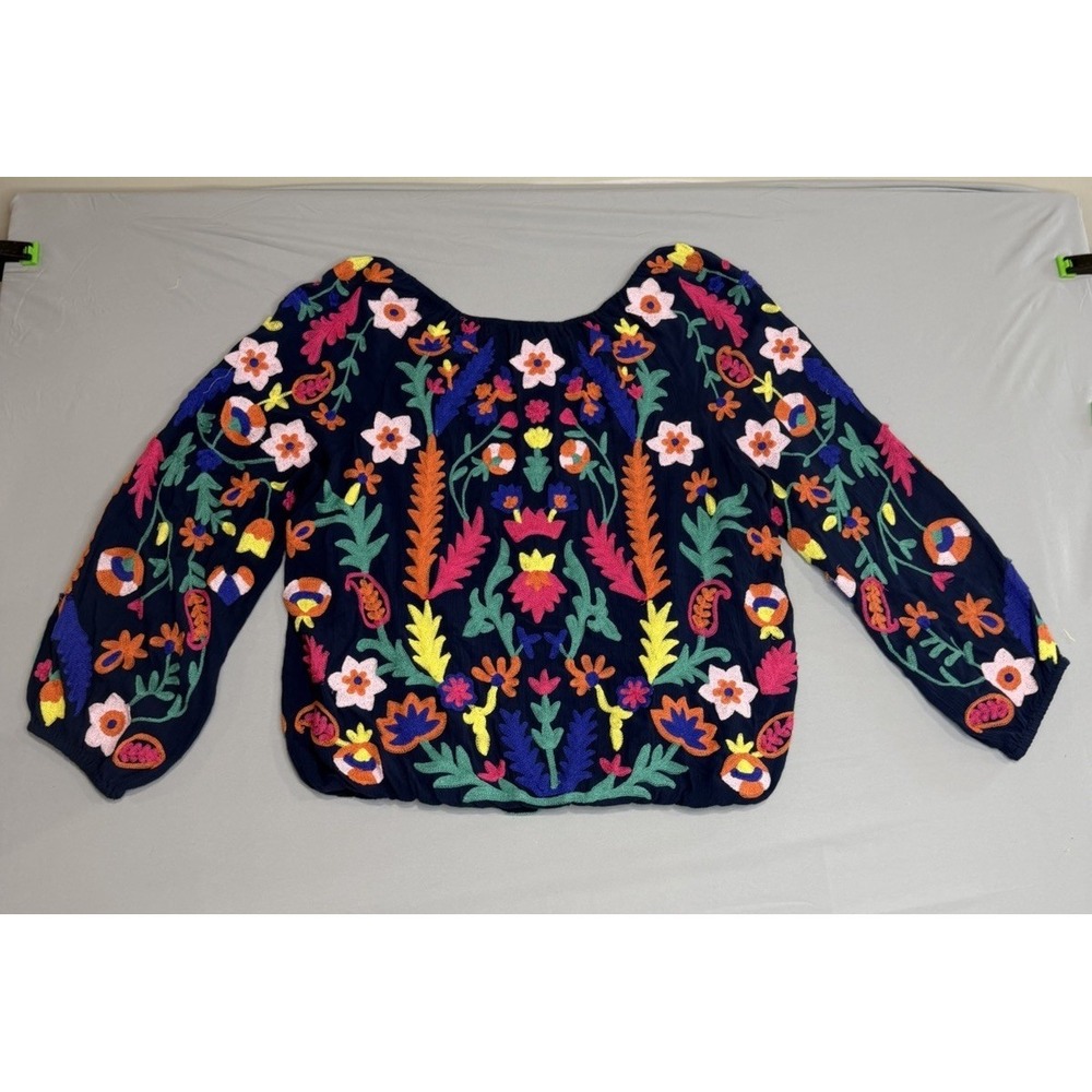Soft Surroundings Medium Navy Banjara Embroidered Boho Peasant Blouse Top Lined